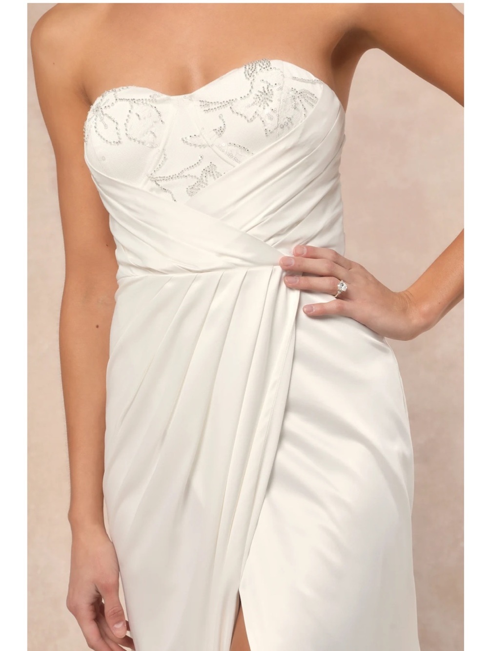 NWT Lulu’s Heidy White Satin Beaded Strapless Maxi Wedding Dress Medium Romantic - Picture 8 of 12